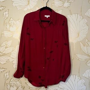 Equipment Femme 100% Silk Women's Burgundy Floral Button-Up Blouse - Size Large